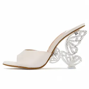 Sparkling Rhinestone Butterfly Block Chunky Heels Sandals for Women,Women's Glitter Diamond Open Round Toe Peep High Heeled Mules Slip On Sandals Summer Evening Party Prom Dress Shoe Comfortable Casual Pumps