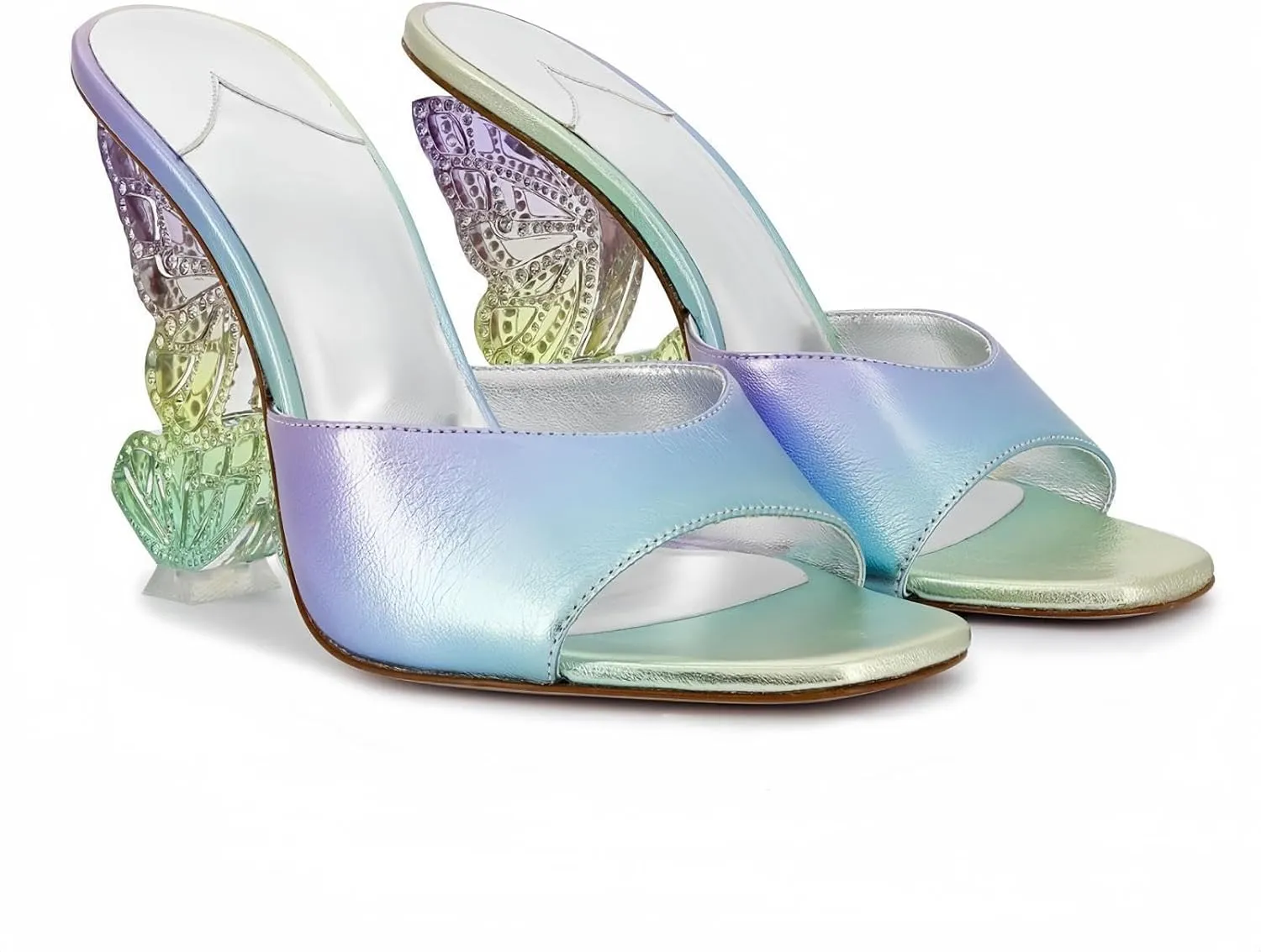 Sparkling Rhinestone Butterfly Block Chunky Heels Sandals for Women,Women's Glitter Diamond Open Round Toe Peep High Heeled Mules Slip On Sandals Summer Evening Party Prom Dress Shoe Comfortable Casual Pumps