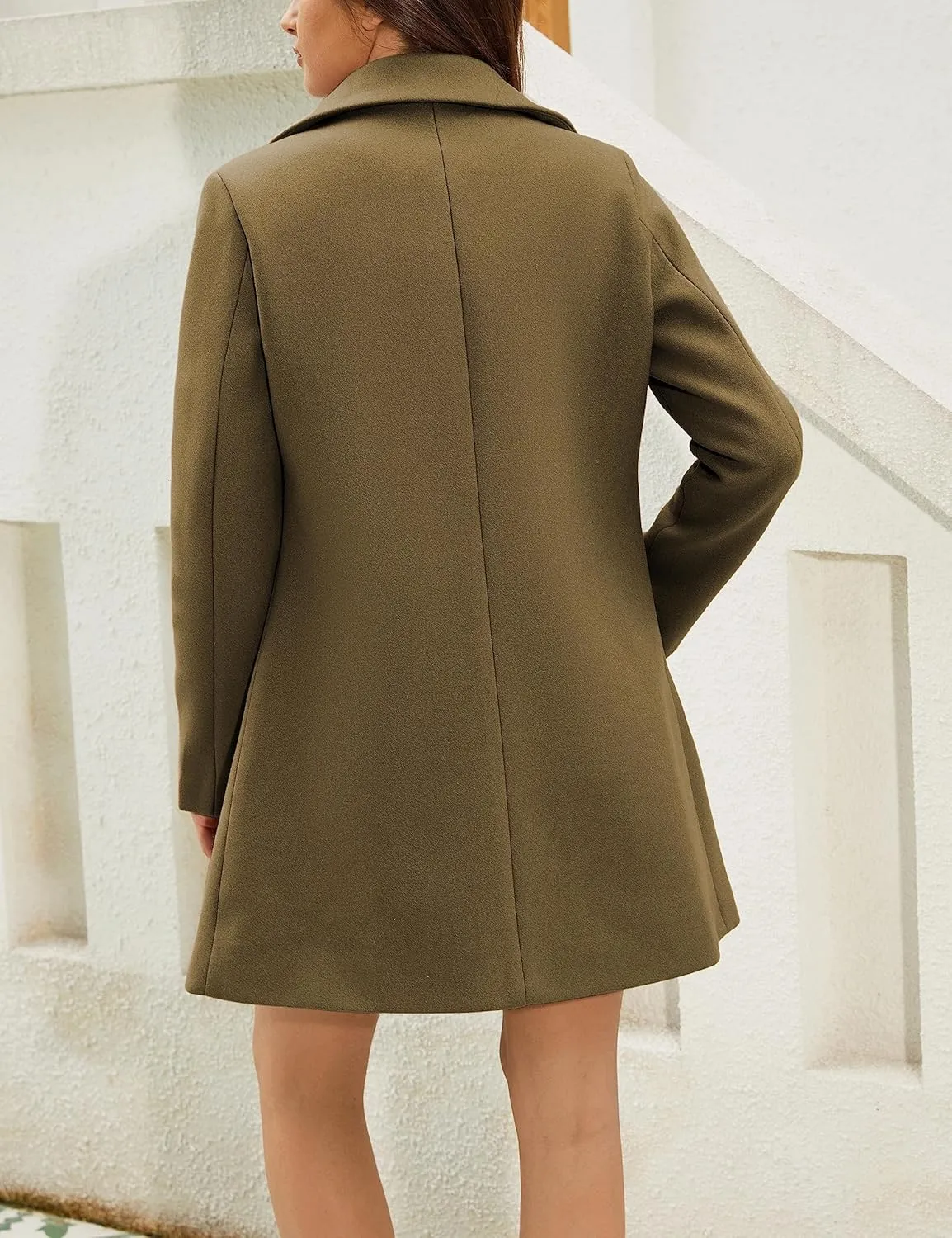 Springrain Women's Wool Pea Coat Notched Collar Double Breasted Midi Long Trench Coat Outwear