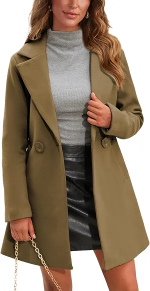 Springrain Women's Wool Pea Coat Notched Collar Double Breasted Midi Long Trench Coat Outwear