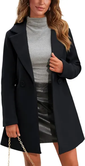 Springrain Women's Wool Pea Coat Notched Collar Double Breasted Midi Long Trench Coat Outwear