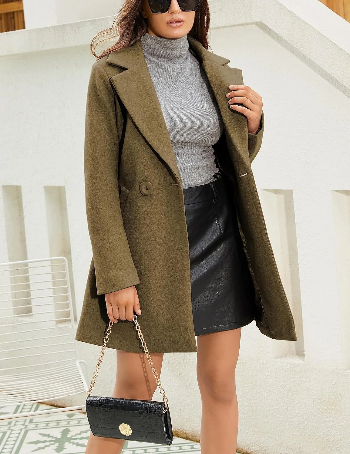 Springrain Women's Wool Pea Coat Notched Collar Double Breasted Midi Long Trench Coat Outwear