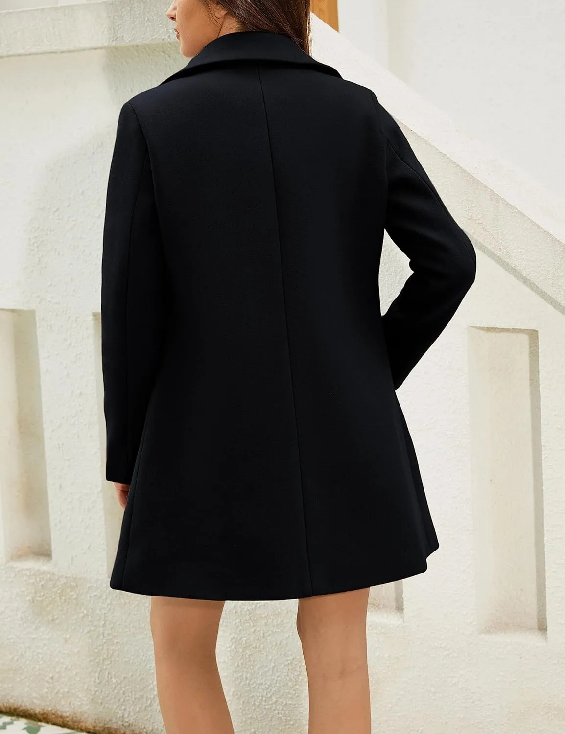 Springrain Women's Wool Pea Coat Notched Collar Double Breasted Midi Long Trench Coat Outwear