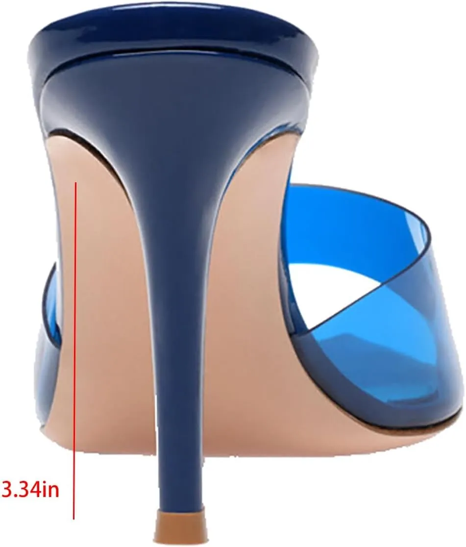 Stiletto Heels for Women Clear Pointed Open Toe Slide Sandals Fashion Sexy Slip On Transparent Strap High Heels Mules Summer Backless Party Wedding Prom Dress Shoes