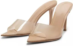 Stiletto Heels for Women Clear Pointed Open Toe Slide Sandals Fashion Sexy Slip On Transparent Strap High Heels Mules Summer Backless Party Wedding Prom Dress Shoes