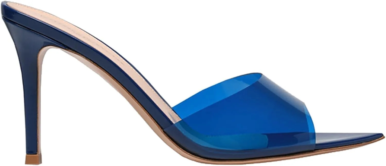 Stiletto Heels for Women Clear Pointed Open Toe Slide Sandals Fashion Sexy Slip On Transparent Strap High Heels Mules Summer Backless Party Wedding Prom Dress Shoes
