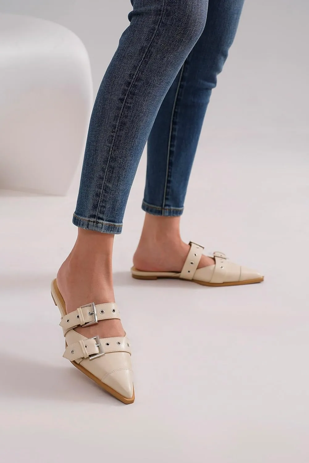 Studded Buckled Pointed Toe Flats Mules for Women in Black