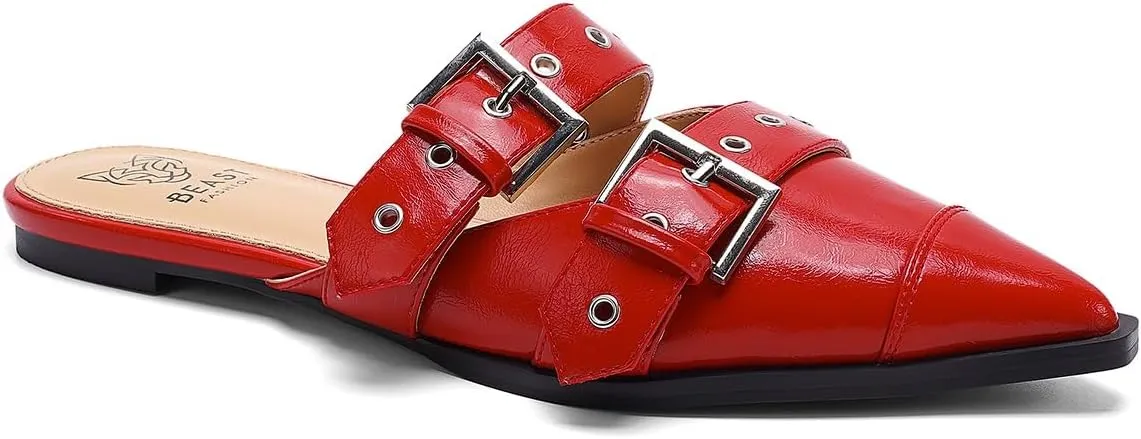 Studded Buckled Pointed Toe Flats Mules for Women in Black