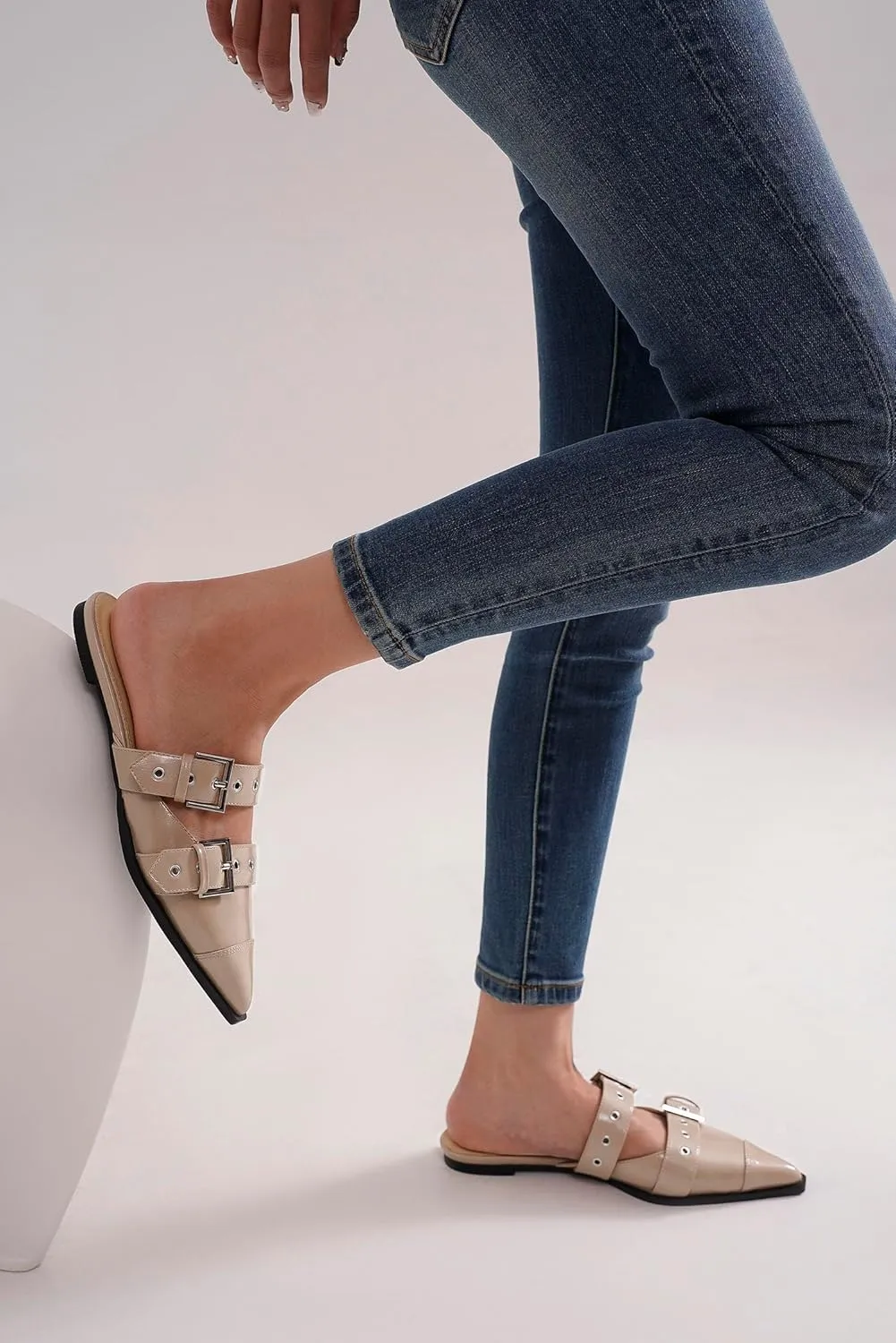 Studded Buckled Pointed Toe Flats Mules for Women in Black