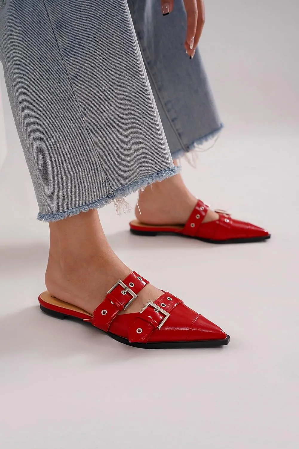Studded Buckled Pointed Toe Flats Mules for Women in Black