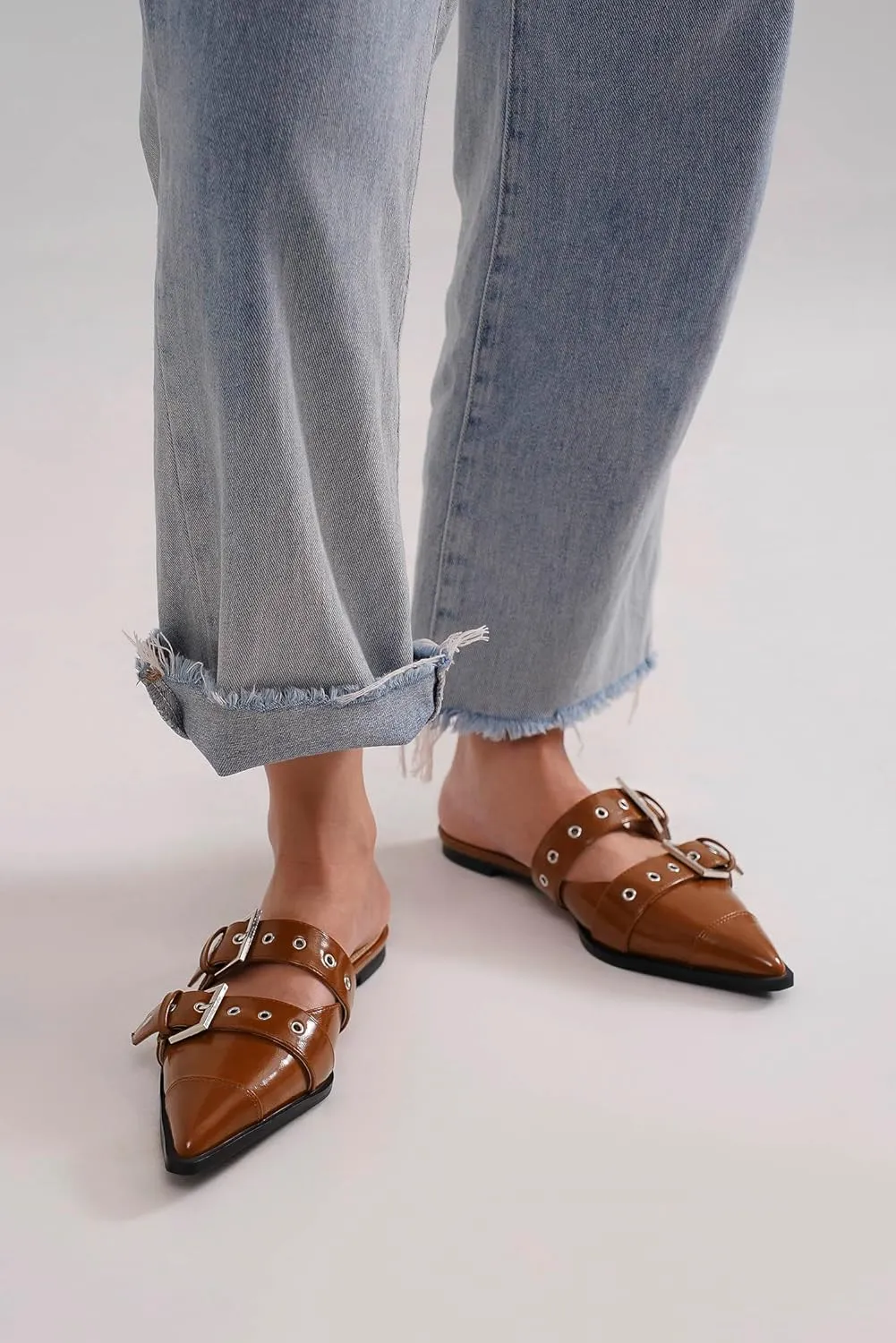 Studded Buckled Pointed Toe Flats Mules for Women in Black
