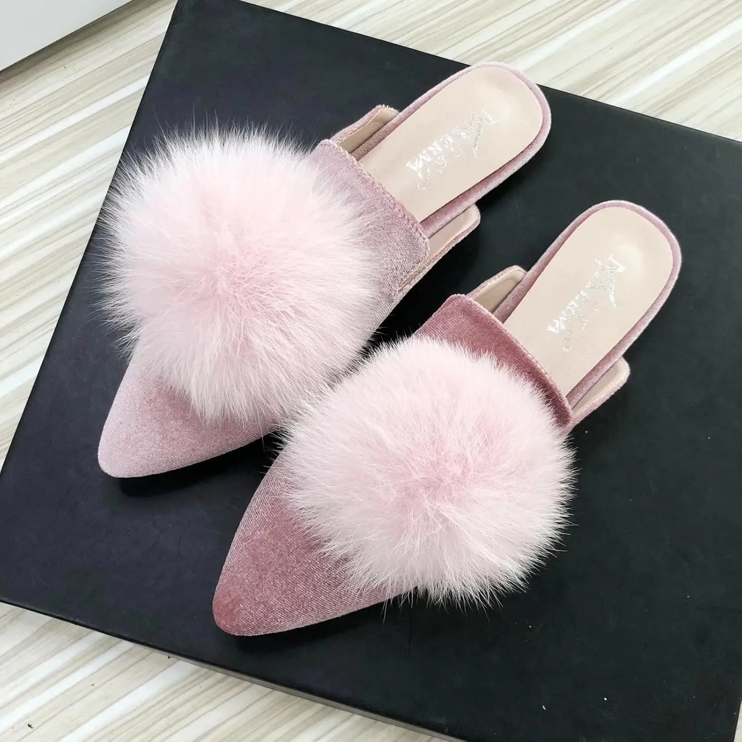 Stunner Women's Pointed Toe Mules Casual Satin Slip on Loafers Backless Mule Slides with Pompom Decoration