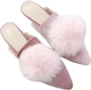 Stunner Women's Pointed Toe Mules Casual Satin Slip on Loafers Backless Mule Slides with Pompom Decoration