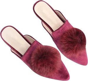 Stunner Women's Pointed Toe Mules Casual Satin Slip on Loafers Backless Mule Slides with Pompom Decoration