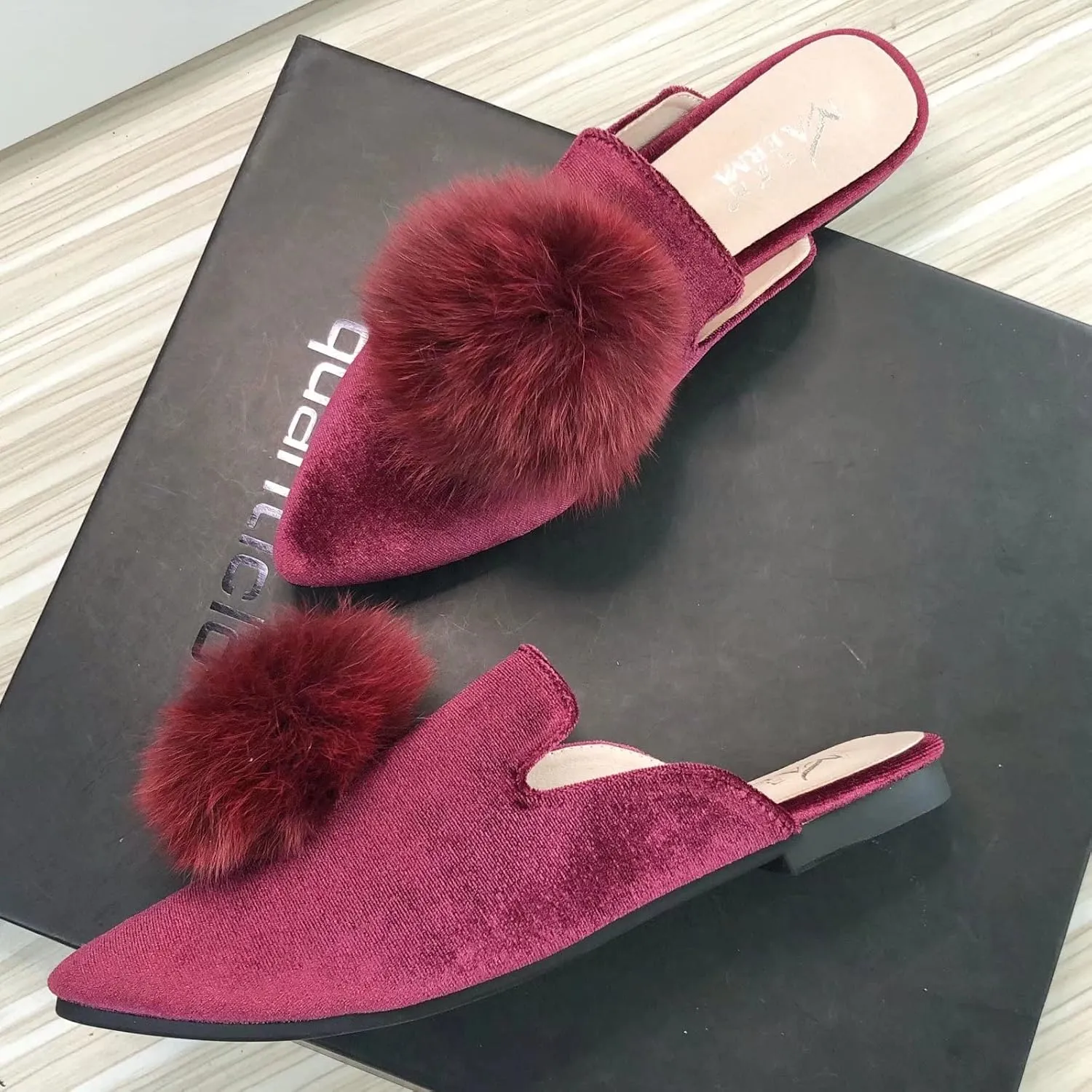 Stunner Women's Pointed Toe Mules Casual Satin Slip on Loafers Backless Mule Slides with Pompom Decoration