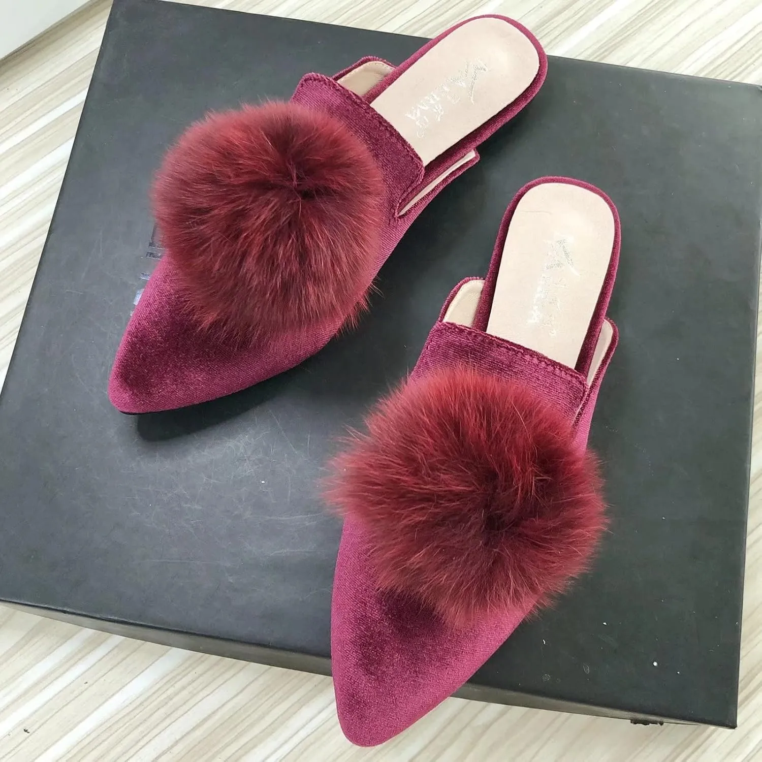 Stunner Women's Pointed Toe Mules Casual Satin Slip on Loafers Backless Mule Slides with Pompom Decoration