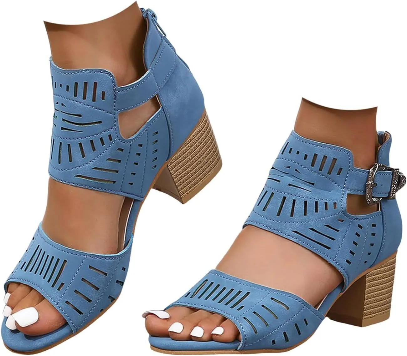 Summer Low Chunky Block Heeled Sandals for Women Open Toe Ankle 2025 Summer Hollow Out Chunky Heels Cutout Dressy Sandals Casual Comfortable Summer Backless Mules Adjustable Slide Walking Shoes