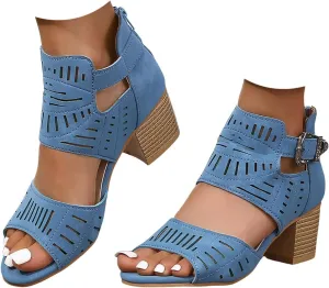 Summer Low Chunky Block Heeled Sandals for Women Open Toe Ankle 2025 Summer Hollow Out Chunky Heels Cutout Dressy Sandals Casual Comfortable Summer Backless Mules Adjustable Slide Walking Shoes