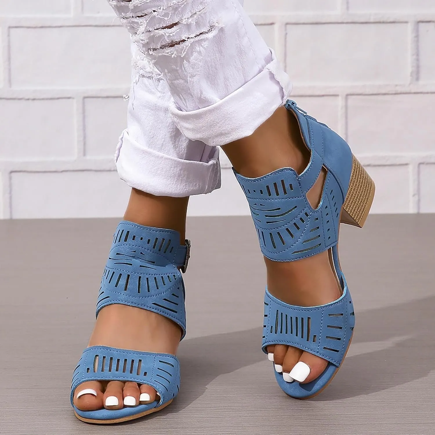 Summer Low Chunky Block Heeled Sandals for Women Open Toe Ankle 2025 Summer Hollow Out Chunky Heels Cutout Dressy Sandals Casual Comfortable Summer Backless Mules Adjustable Slide Walking Shoes