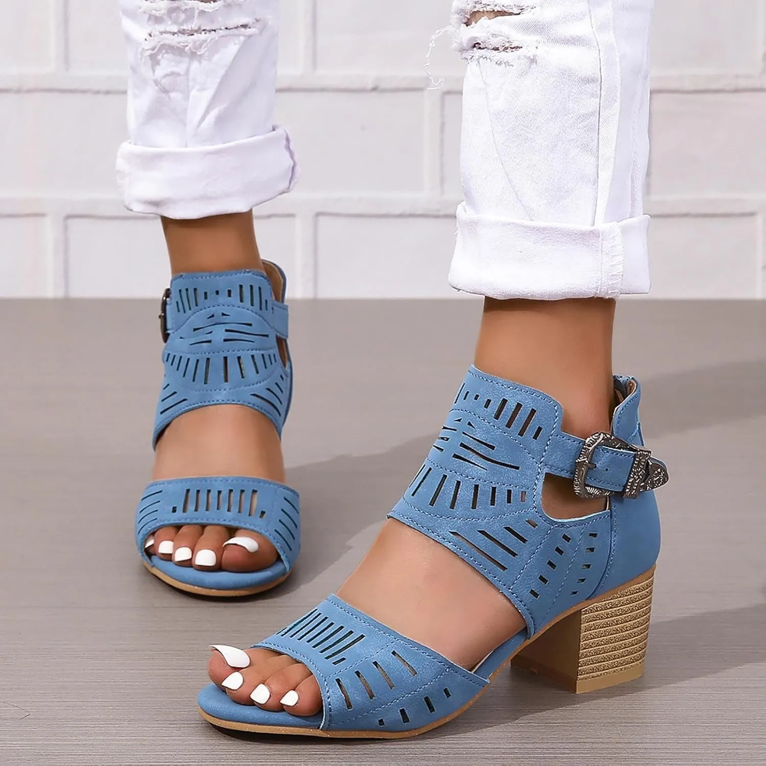 Summer Low Chunky Block Heeled Sandals for Women Open Toe Ankle 2025 Summer Hollow Out Chunky Heels Cutout Dressy Sandals Casual Comfortable Summer Backless Mules Adjustable Slide Walking Shoes