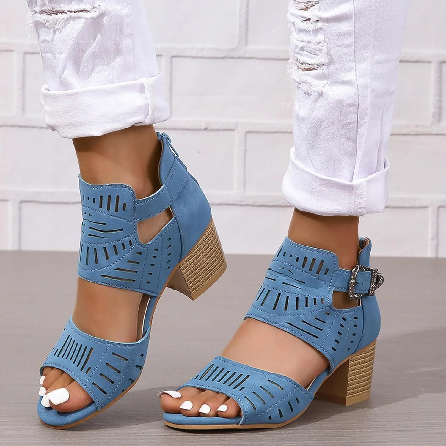 Summer Low Chunky Block Heeled Sandals for Women Open Toe Ankle 2025 Summer Hollow Out Chunky Heels Cutout Dressy Sandals Casual Comfortable Summer Backless Mules Adjustable Slide Walking Shoes