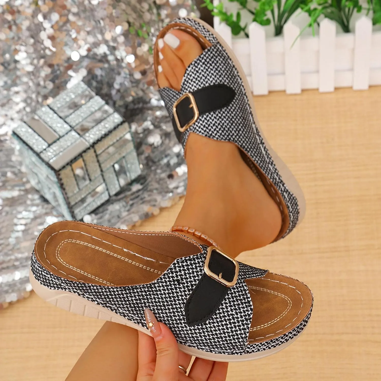 Summer Low Wedge Sandals for Women Light Open Toe Slides Buckle Dressy Slipper Comfy Arch Support Outdoor Shose Orthopedic 2025 Wide Width Comfortable Beach Shoes Heel Platform Slippers