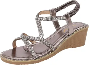 Summer Rhinestone Elastic Strap Sandals Thick Sole Wedge Heel Strap Women's Shoes Comfort Sandals for Women Size 8