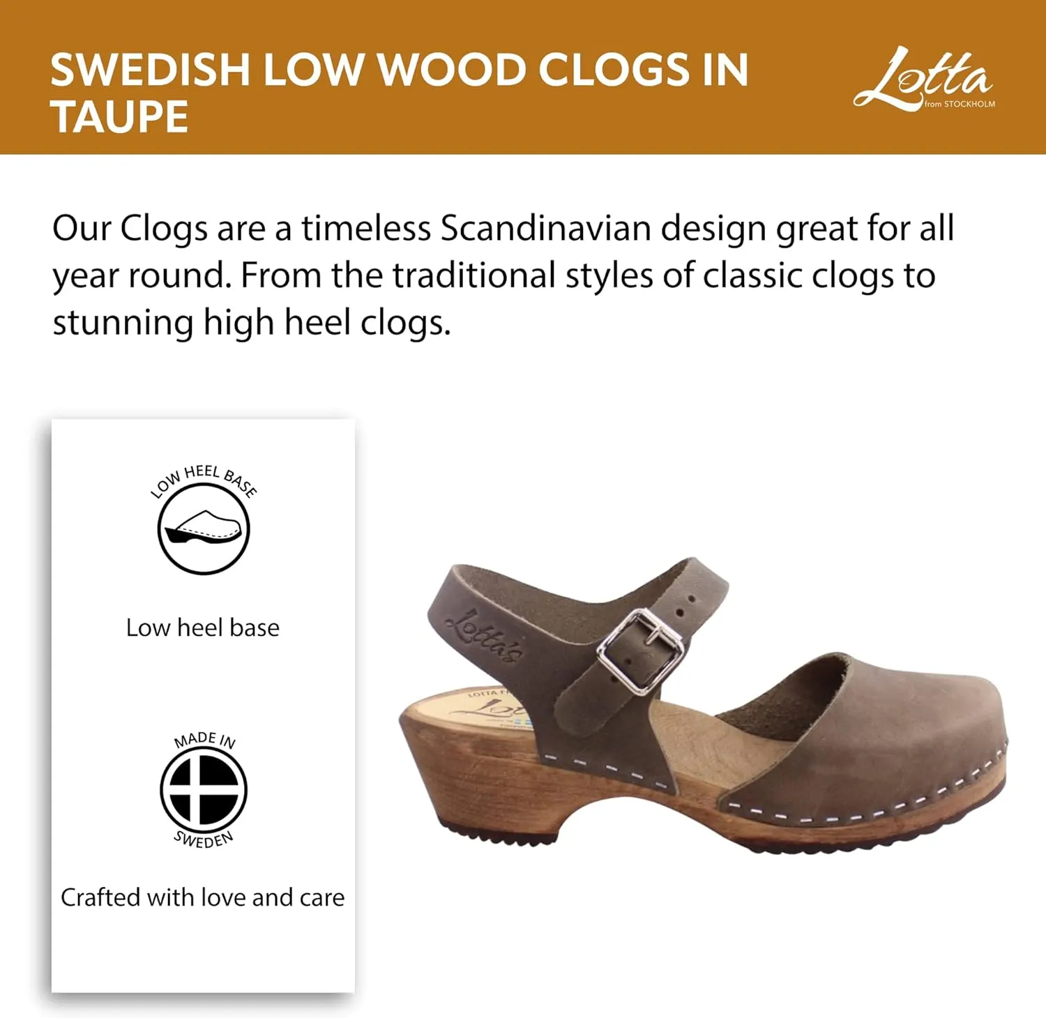 Swedish Low Wood Clogs - Taupe Leather Clogs for Women with Brown Base I Supportive Wooden Clog I 2 inch Heel & 3/4 inch Platform