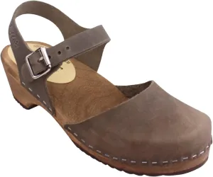Swedish Low Wood Clogs - Taupe Leather Clogs for Women with Brown Base I Supportive Wooden Clog I 2 inch Heel & 3/4 inch Platform