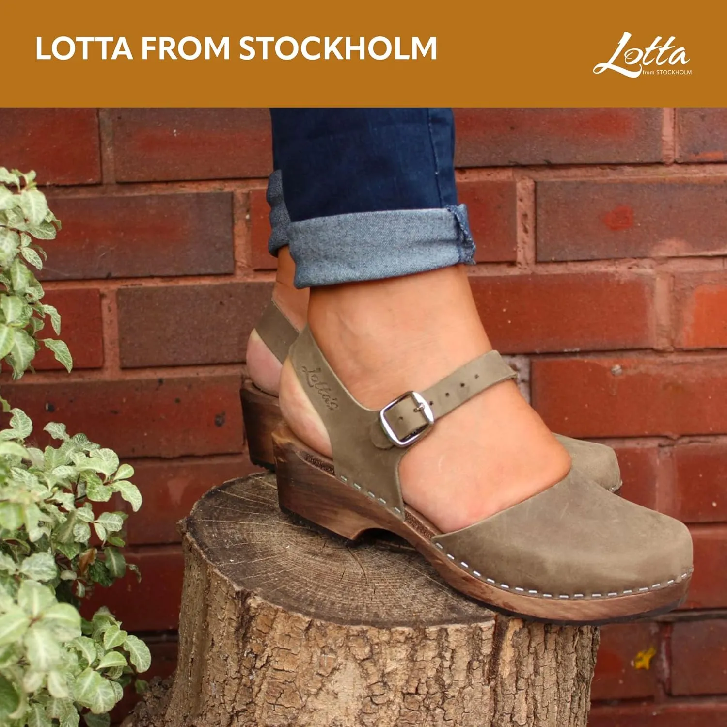 Swedish Low Wood Clogs - Taupe Leather Clogs for Women with Brown Base I Supportive Wooden Clog I 2 inch Heel & 3/4 inch Platform