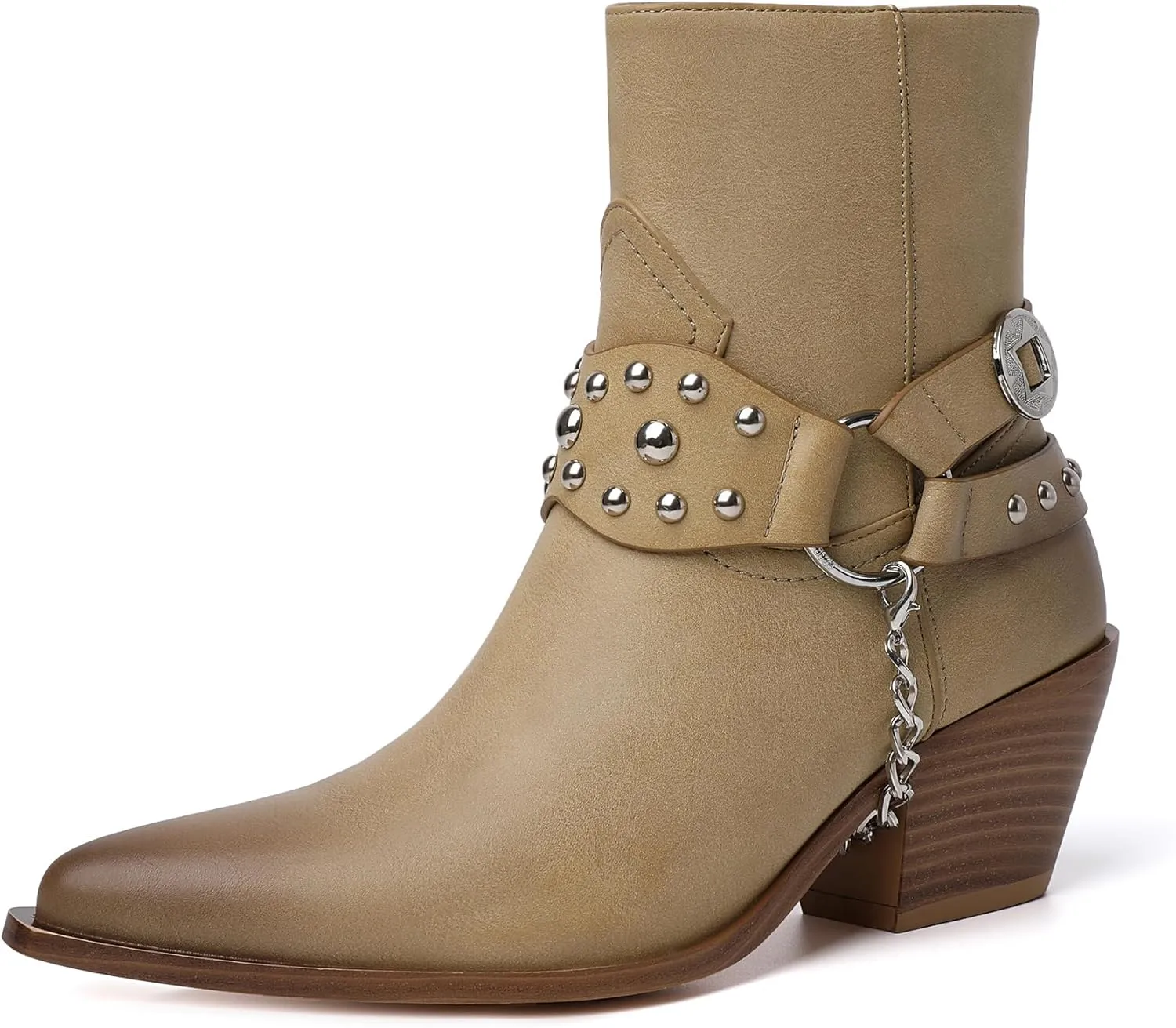 TAEPUSR Cowboy Ankle Boots for Women, Motorcycle Boots for Riding Western Biker Boots, Chunky Block Heel Punk Rock Boots with Removable Harness Chain Strap