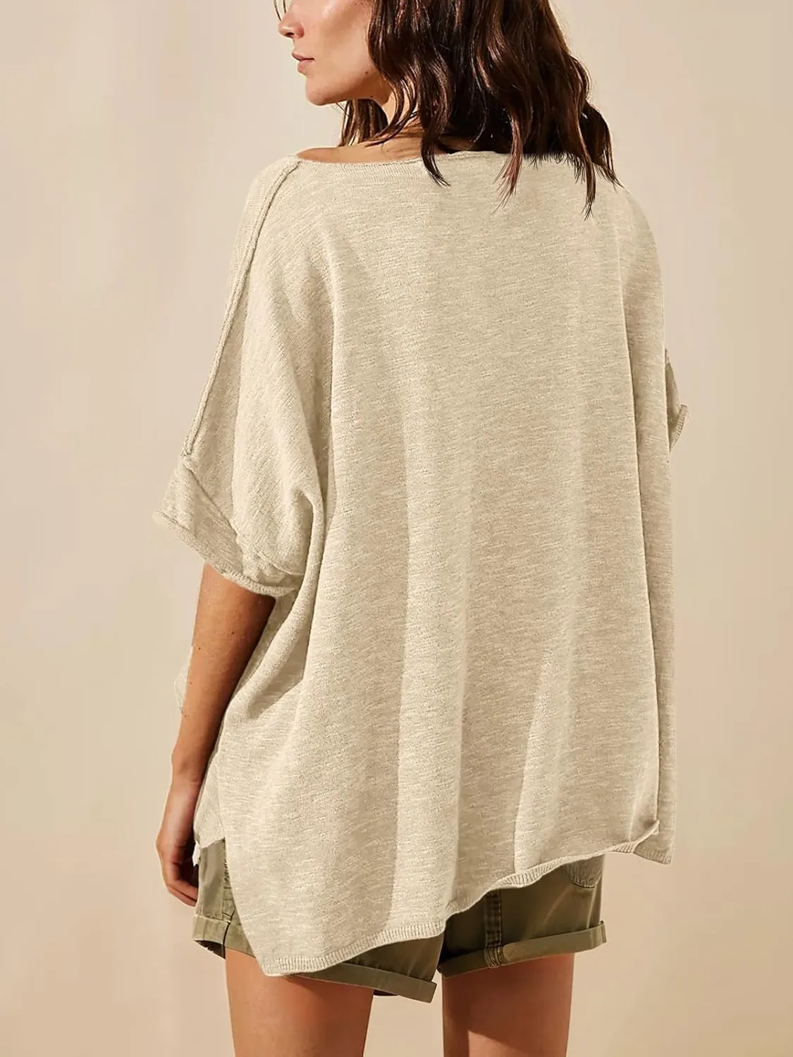 Tankaneo Women's Oversized T Shirts Casual Summer Crew Neck Loose Dropped Short Sleeve Side Slit Hem Blouse Tunic Tops