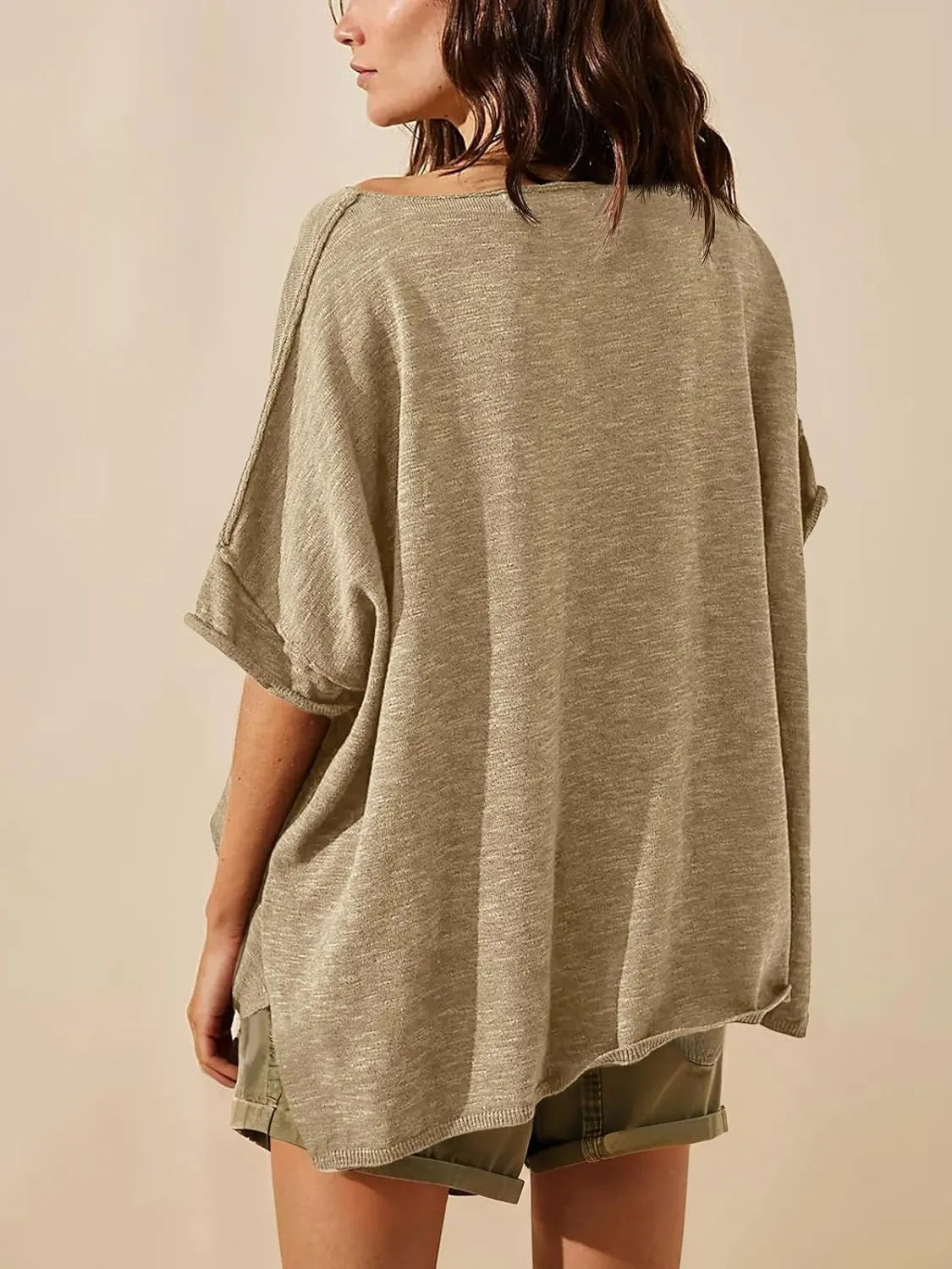 Tankaneo Women's Oversized T Shirts Casual Summer Crew Neck Loose Dropped Short Sleeve Side Slit Hem Blouse Tunic Tops