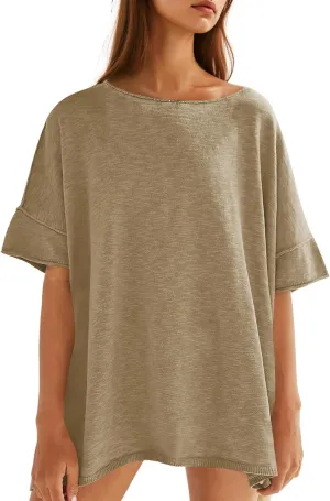Tankaneo Women's Oversized T Shirts Casual Summer Crew Neck Loose Dropped Short Sleeve Side Slit Hem Blouse Tunic Tops