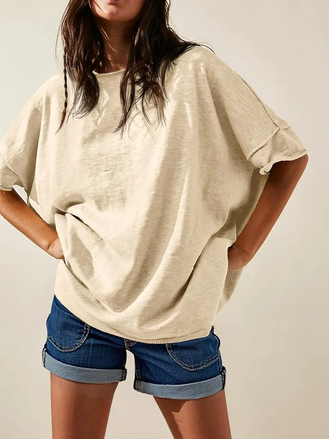 Tankaneo Women's Oversized T Shirts Casual Summer Crew Neck Loose Dropped Short Sleeve Side Slit Hem Blouse Tunic Tops