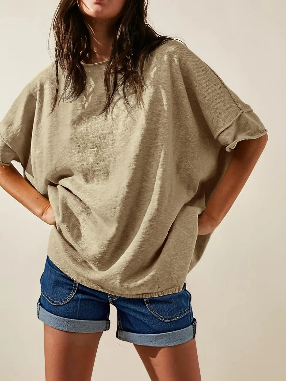 Tankaneo Women's Oversized T Shirts Casual Summer Crew Neck Loose Dropped Short Sleeve Side Slit Hem Blouse Tunic Tops