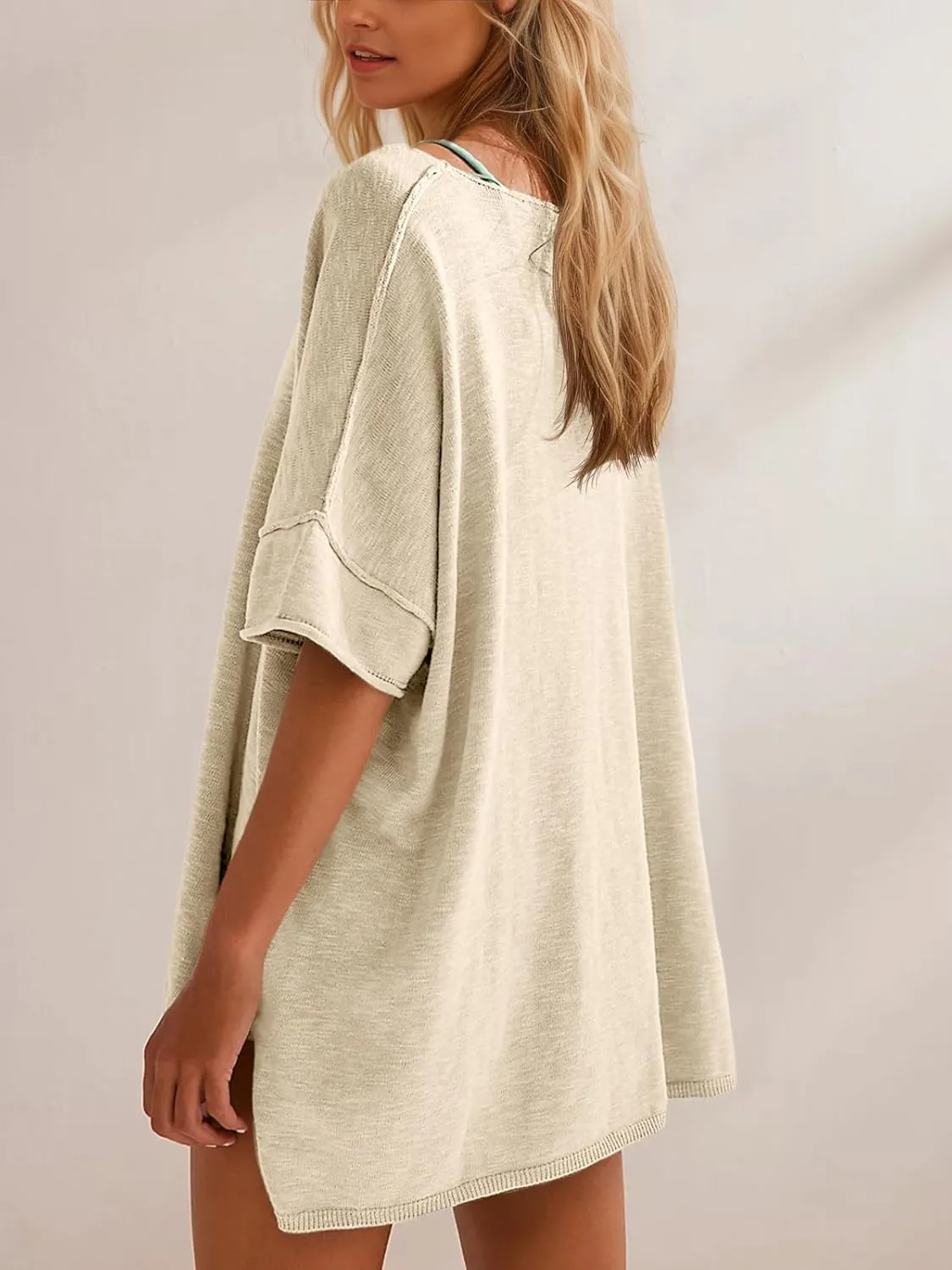 Tankaneo Women's Oversized T Shirts Casual Summer Crew Neck Loose Dropped Short Sleeve Side Slit Hem Blouse Tunic Tops