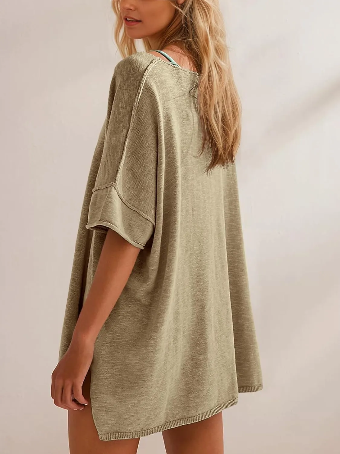 Tankaneo Women's Oversized T Shirts Casual Summer Crew Neck Loose Dropped Short Sleeve Side Slit Hem Blouse Tunic Tops