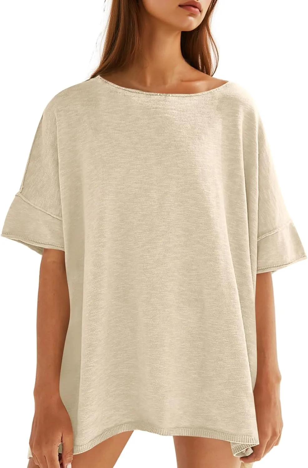 Tankaneo Women's Oversized T Shirts Casual Summer Crew Neck Loose Dropped Short Sleeve Side Slit Hem Blouse Tunic Tops