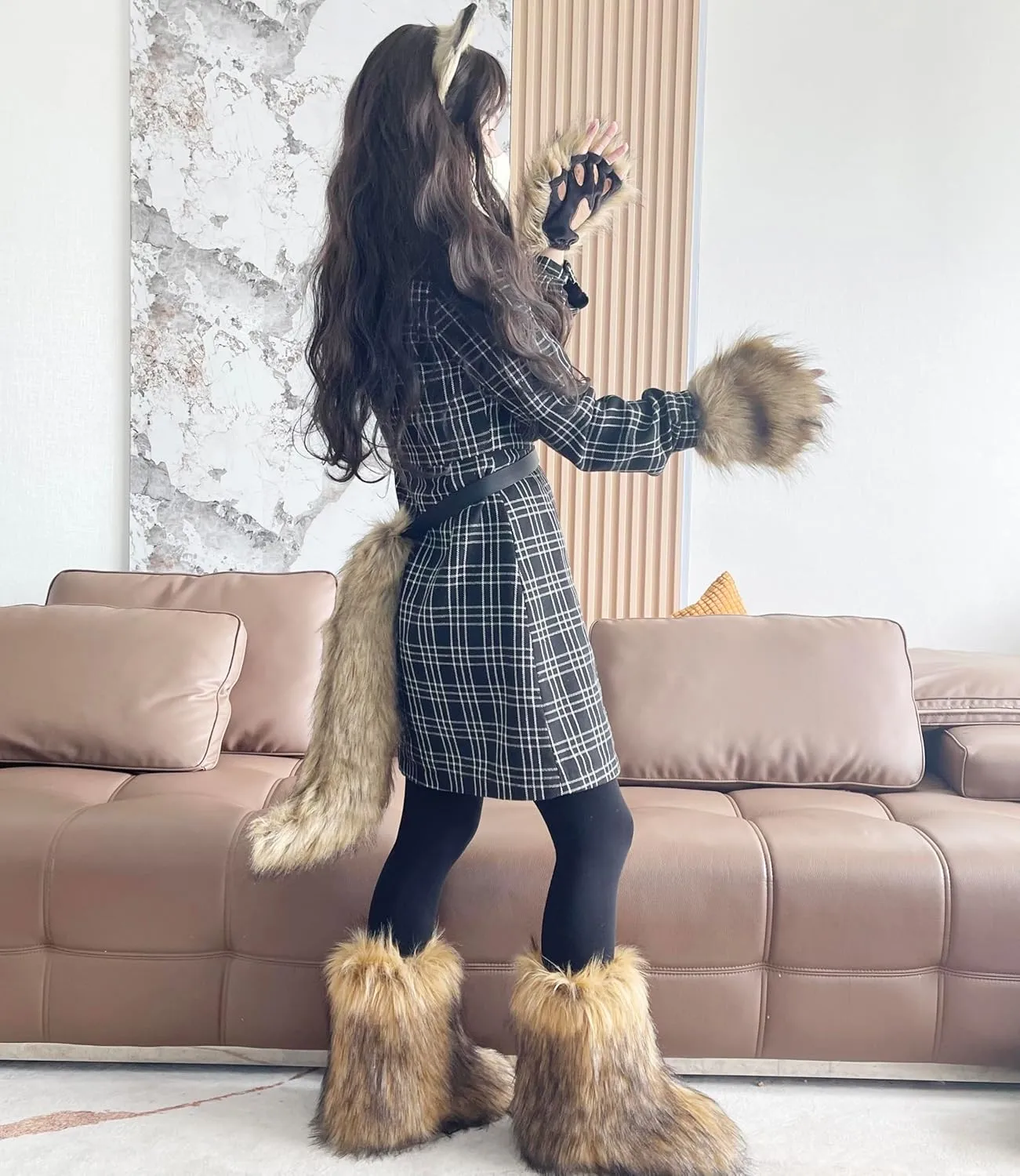 Therian mask and Tail Animal Costume Set with Cat Ears Therian Paws Fluffy Faux Fur Boots for Women Halloween Cosplay