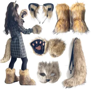 Therian mask and Tail Animal Costume Set with Cat Ears Therian Paws Fluffy Faux Fur Boots for Women Halloween Cosplay