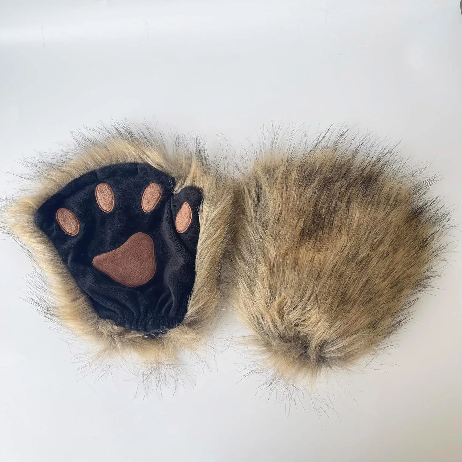 Therian mask and Tail Animal Costume Set with Cat Ears Therian Paws Fluffy Faux Fur Boots for Women Halloween Cosplay