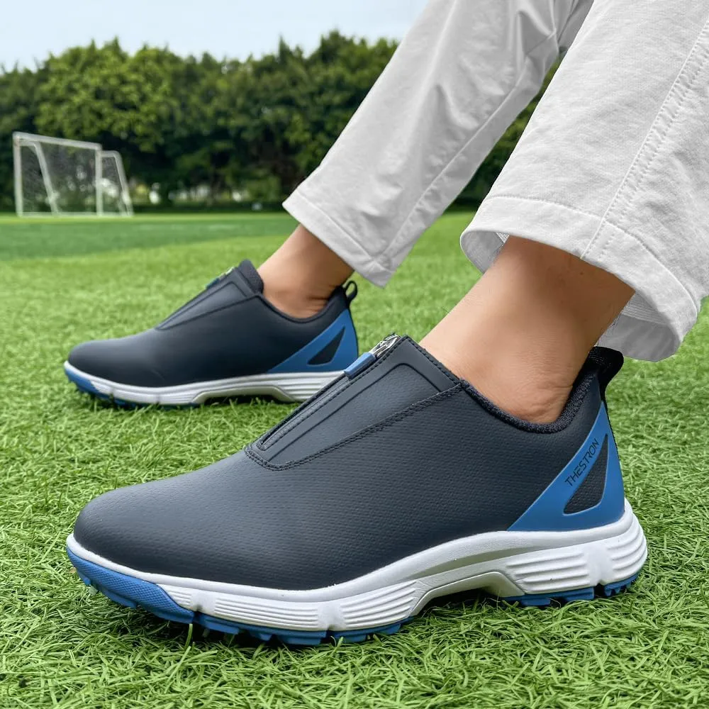 THESTRON Professional Men Waterproof Spikes Golf Shoes Sports Sneakers Male Golf Footwears New Zipper Men's Spikes Golf Shoes Man Non-Slip Walking Sneakers Slip-on Casual Golf Shoes
