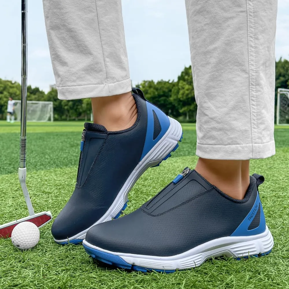 THESTRON Professional Men Waterproof Spikes Golf Shoes Sports Sneakers Male Golf Footwears New Zipper Men's Spikes Golf Shoes Man Non-Slip Walking Sneakers Slip-on Casual Golf Shoes