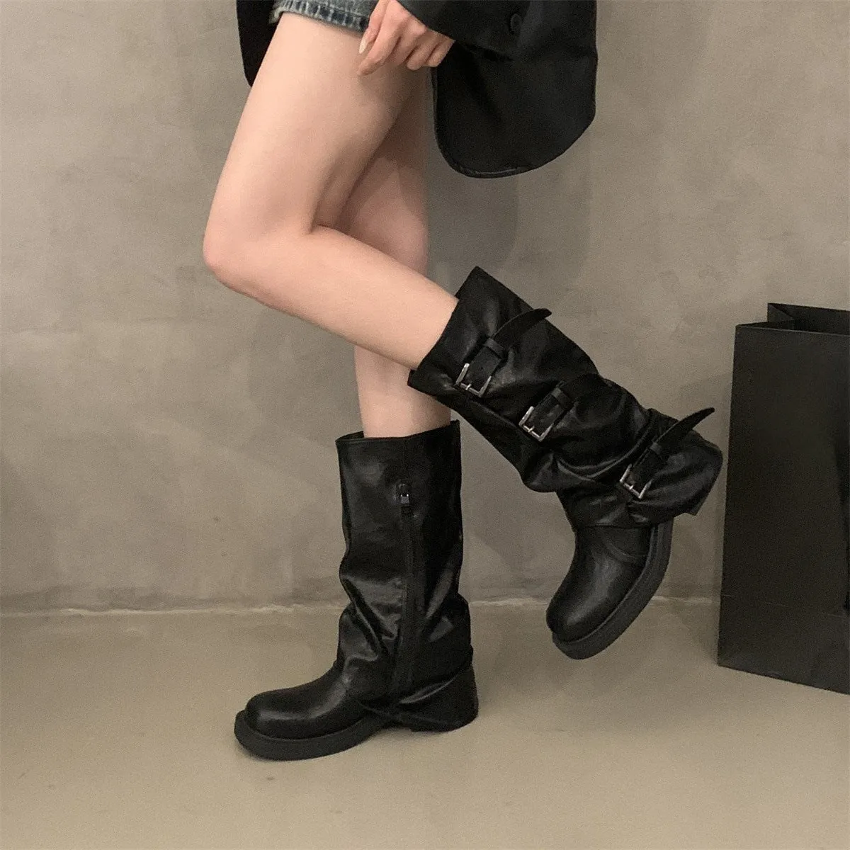 thick-soled black knight boots women's shoes popular autumn and winter new retro belt buckle stack boots thick heel boots