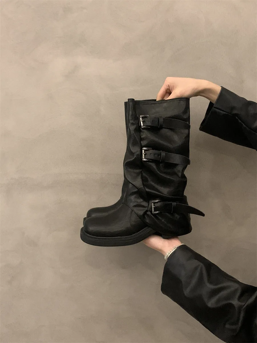 thick-soled black knight boots women's shoes popular autumn and winter new retro belt buckle stack boots thick heel boots