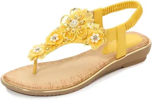 Thong Sandals for Women Beach,Flat Sandals with Round Rivets and Adjustable Buckle for Women Yellow