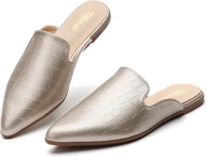 Tilocow Mules for Women Flats Comfortable Pointed Toe Slip On Backless Loafers Flat Mule Business Casual Shoes Slides