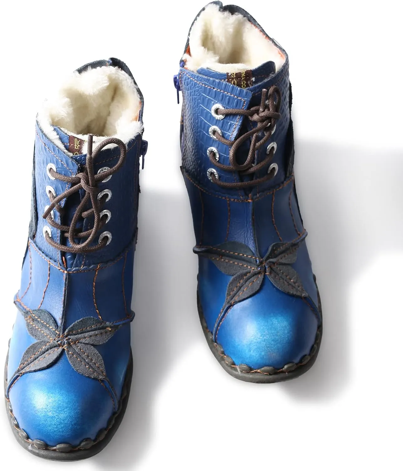 TMA EYES Textured Leather Patchwork Washed Leather Lace-Up Women's Ankle boots