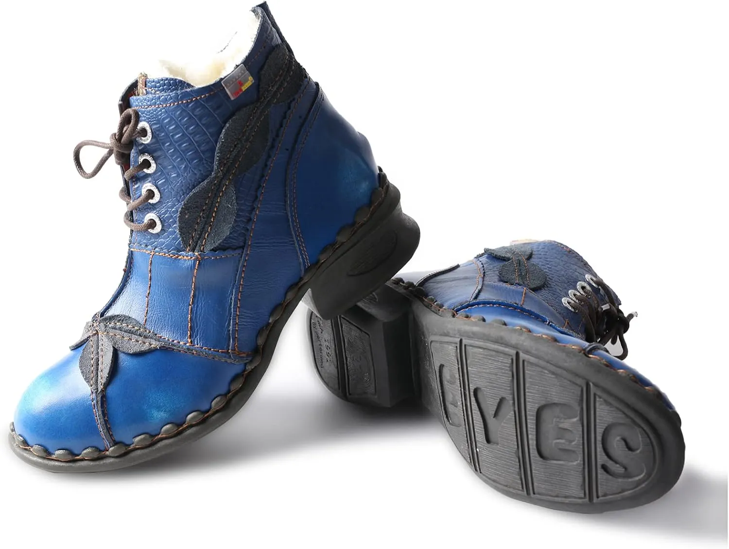 TMA EYES Textured Leather Patchwork Washed Leather Lace-Up Women's Ankle boots